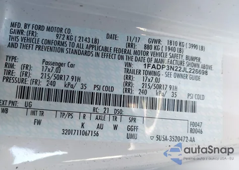 2018 Ford Focus Titanium z USA, uszkodzony, nr VIN 1FADP3N22JL226698